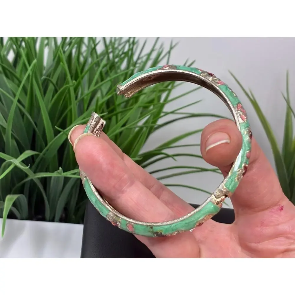 Vintage Mint Green Enamel Floral Bangle Bracelet Gold Tone Hinged Mid Century